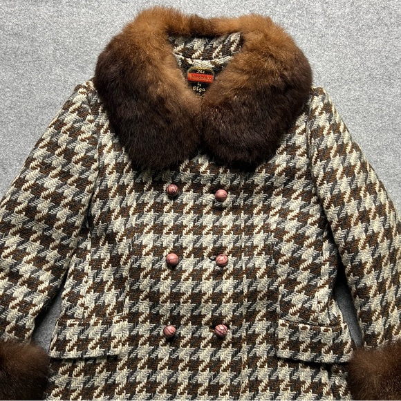 Vintage Wool Houndstooth Coat w/ Real Fur Collar & Cuffs | Fox | Mid-Century - Picture 4 of 13